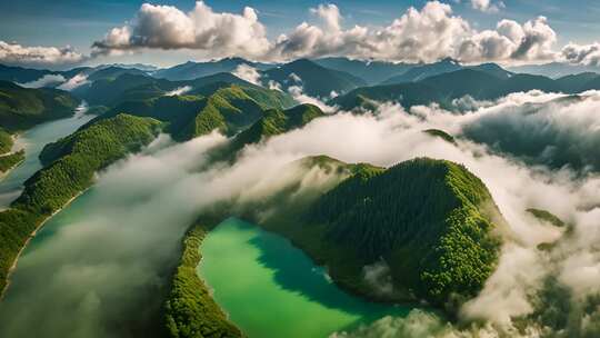 航拍山峦云雾森林湖泊景观