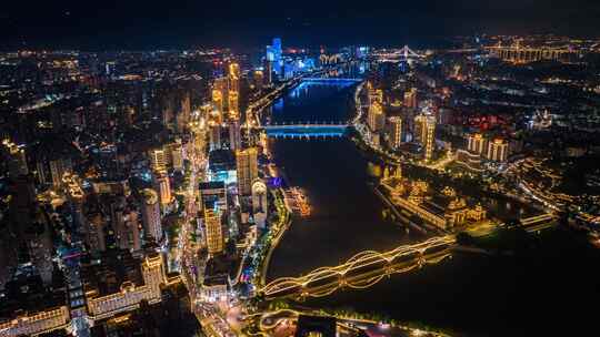 福建福州闽江中洲岛解放大桥城市夜景航拍