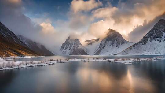 雪山湖泊自然风光全景