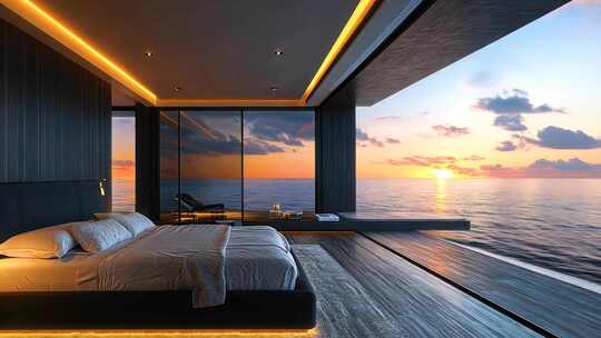 海边度假酒店豪华落地窗晚霞风光