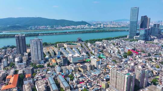 湖南长沙湘江杜甫江阁茶馆航拍城市地标风景