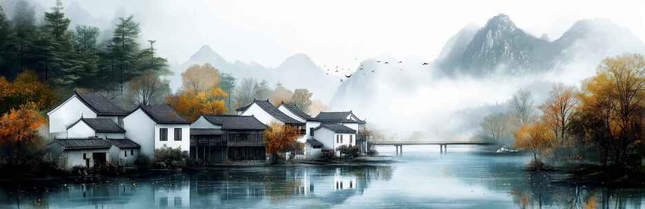 中式山水村庄风景