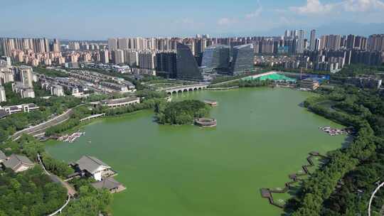 西安曲江池南湖公园景区4K航拍视频素材模板下载