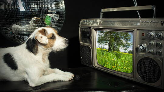 狗狗趴在电视机前看节目