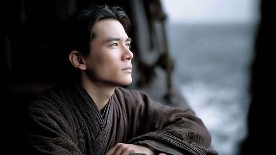 海边男子眺望远方思绪万千