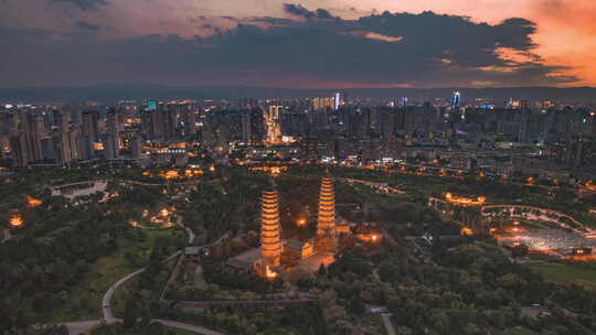 太原永祚寺夜景大范围移动航拍延时