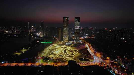 湖南长沙梅溪湖城市夜景航拍风光