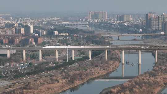 四川广汉城市湔江湿地桥梁西成高铁空镜