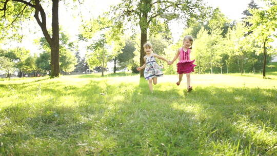 两个小女孩手拉手在草地上奔跑