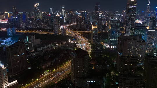 上海城市交通车流夜景-悟2航拍