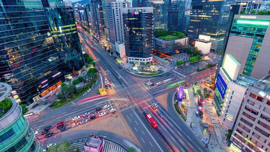韩国首尔市中心高楼大厦街道延时摄影视频素材模板下载