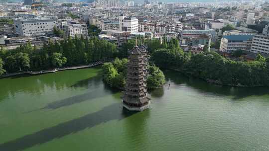 航拍广西桂林地标建筑日月双塔