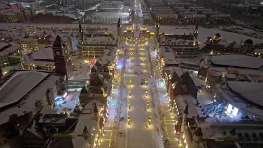 中国黑龙江哈尔滨世界欢乐城夜晚雪景航拍