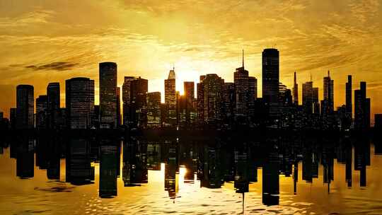 日落时分城市建筑倒影全景