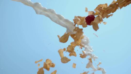 玉米片和牛奶在空中飞舞