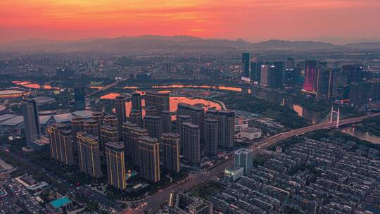 义乌城市地标晚霞航拍延时摄影