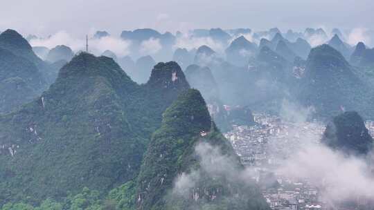 航拍桂林阳朔县城美丽自然风光视频素材模板下载