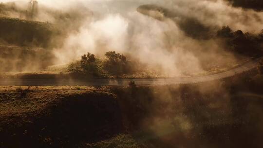 雾气笼罩森林的航拍镜头