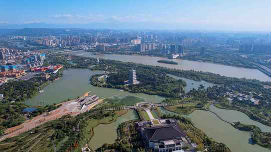 中国陕西西安世博园长安塔全景俯瞰航拍风光