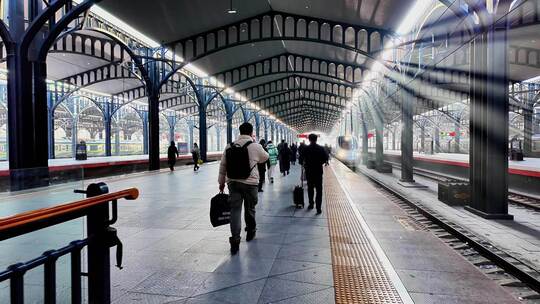 哈尔滨火车站旅客登车视频素材模板下载