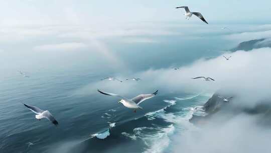 海面云雾中飞翔的海鸥