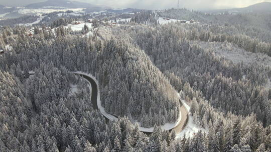白雪覆盖的山林和蜿蜒的森林滑道