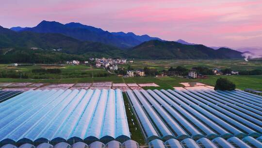 鸟瞰山谷夕阳下光伏太阳能电池板