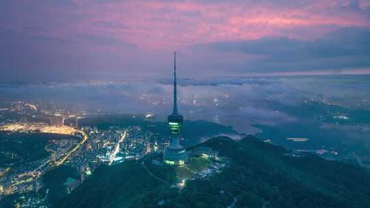 梧桐山看深圳市区火烧云晚霞夜景延时