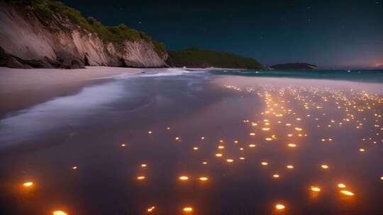 夜晚海滩发光生物景观