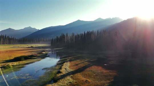 航拍森林河流高山山脉日出阳光唯美大自然