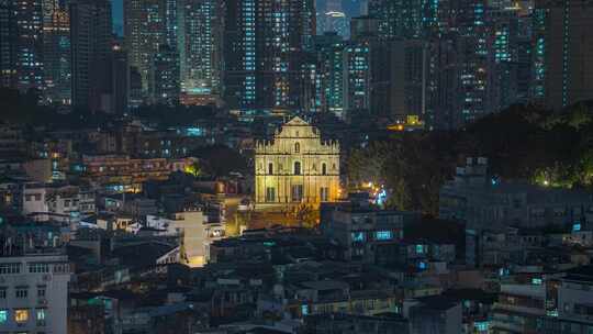 澳门大三巴中景夜景固定延时