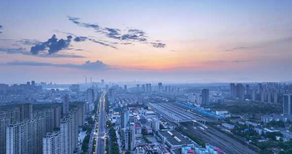 九江初夏日出城景航拍延时