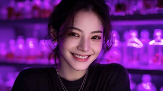 霓虹灯光下的甜美笑容绽放