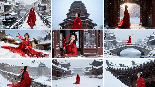 红袍女子雪景古风 雪中汉服美人意境