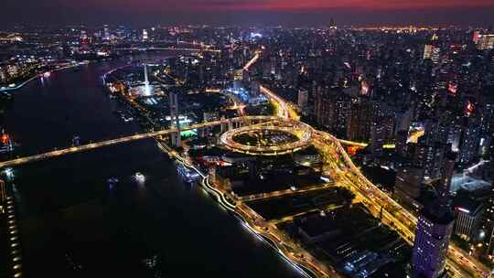 航拍上海黄浦江南浦大桥夜景