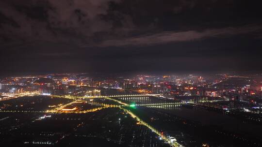 城市航拍洛阳阴雨天后城市云海夜景建筑