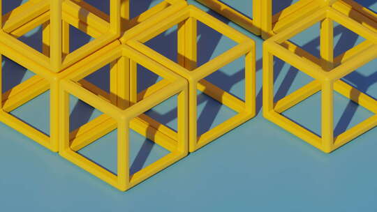 蓝色背景上黄色线框图立方体的动画
