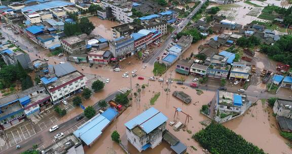 2020年夏天四川洪水灾情航拍小镇被水淹没