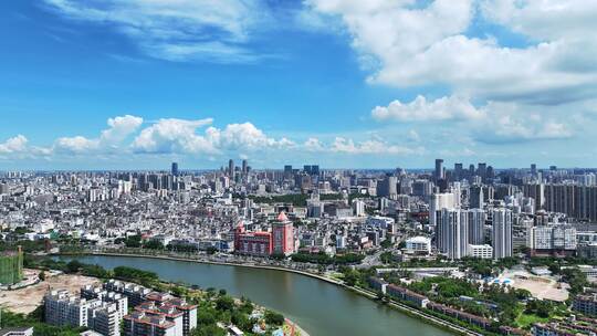 航拍海南海口海甸河滨江城市风光