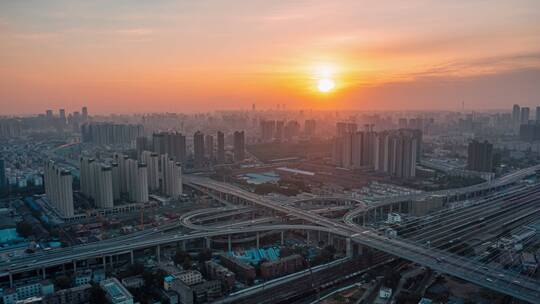 郑州农业路京沙快速路日出航拍延时摄影