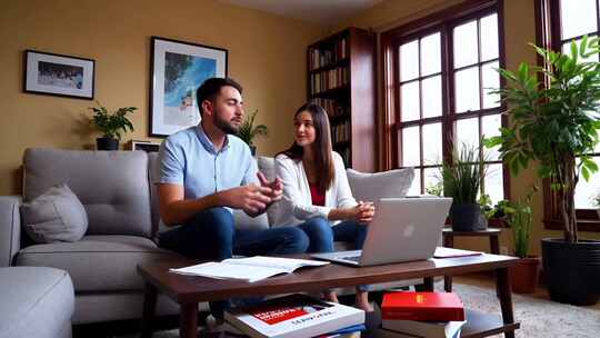 男女沙发上使用笔记本电脑交流