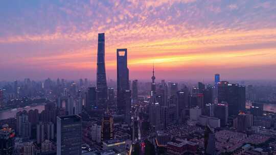 4k延时航拍上海浦东陆家嘴日落火烧云