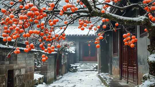 冬季下雪柿子树与古民居