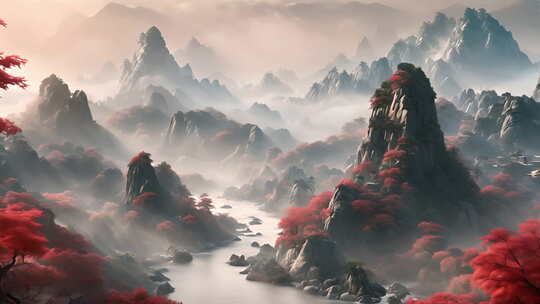 简约意境中国风山水画背景视频素材模板下载