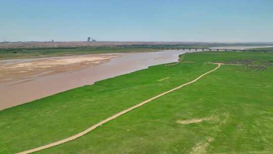 航拍宁夏石嘴山惠农区黄河银河湾湿地公园视频素材模板下载