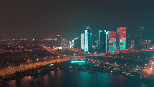 春节过年城市夜晚灯光氛围航拍