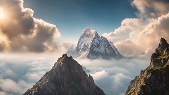 云海环绕的壮美雪山景象