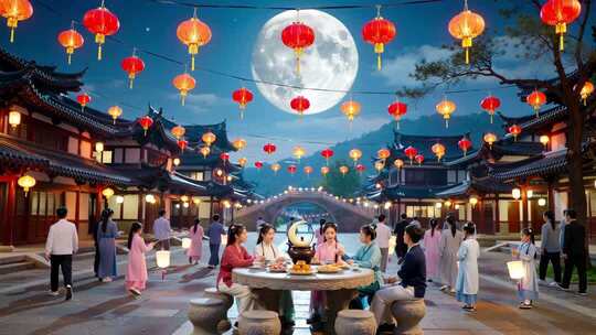 古风场景中秋赏月人群画面