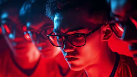 科技光影下专注思考的商业分析师形象