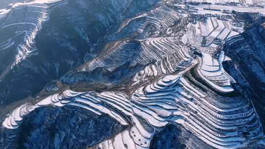 黄土高原梯田风貌冬季雪景视频素材模板下载